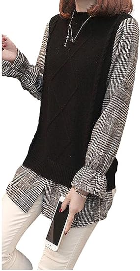 Amazon パンプアップ 重ね着風 ブラウス ニット ベスト チェック シャツ ドッキング レディース M 2xl シャツ ブラウス 通販