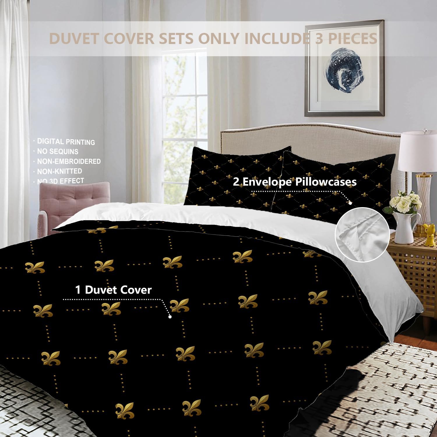 Black French Fleur De Lis Duvet Cover Set Queen Size,3 Pieces Golden Pastoral Flowers Bedding Set Hotel Quality 100% Cotton Comforter Cover Set with 2 Pillowcases(No Filler)