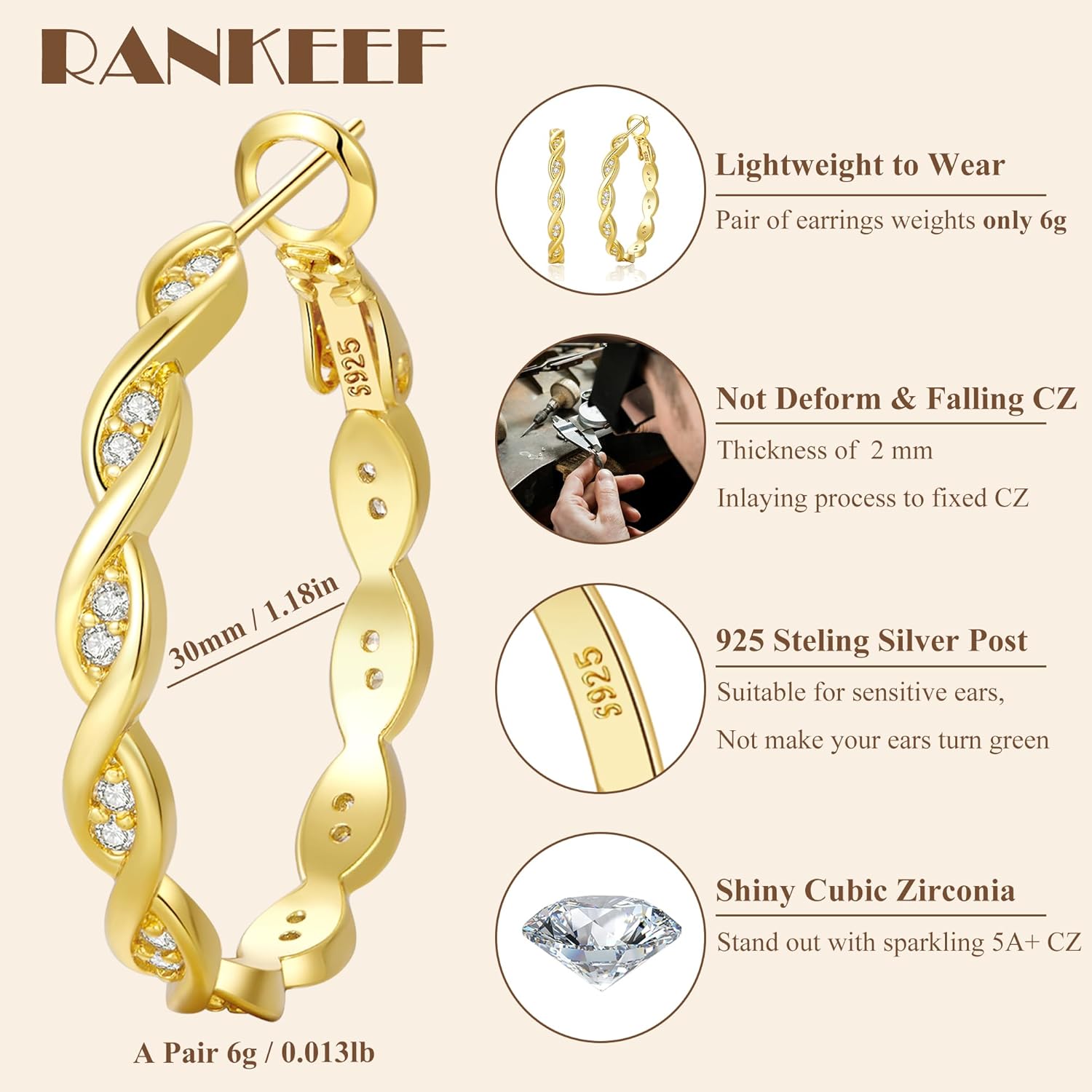 RANKEEF Large Twisted Hoop Earrings for Women with Shiny Cubic Zirconia Hypoallergenic 925 Sterling Silver Post Forever Love Hoops Trendy 3D Laser-Cut Sturdy Lightweight Big Twisted Gold Hoops - Image 3