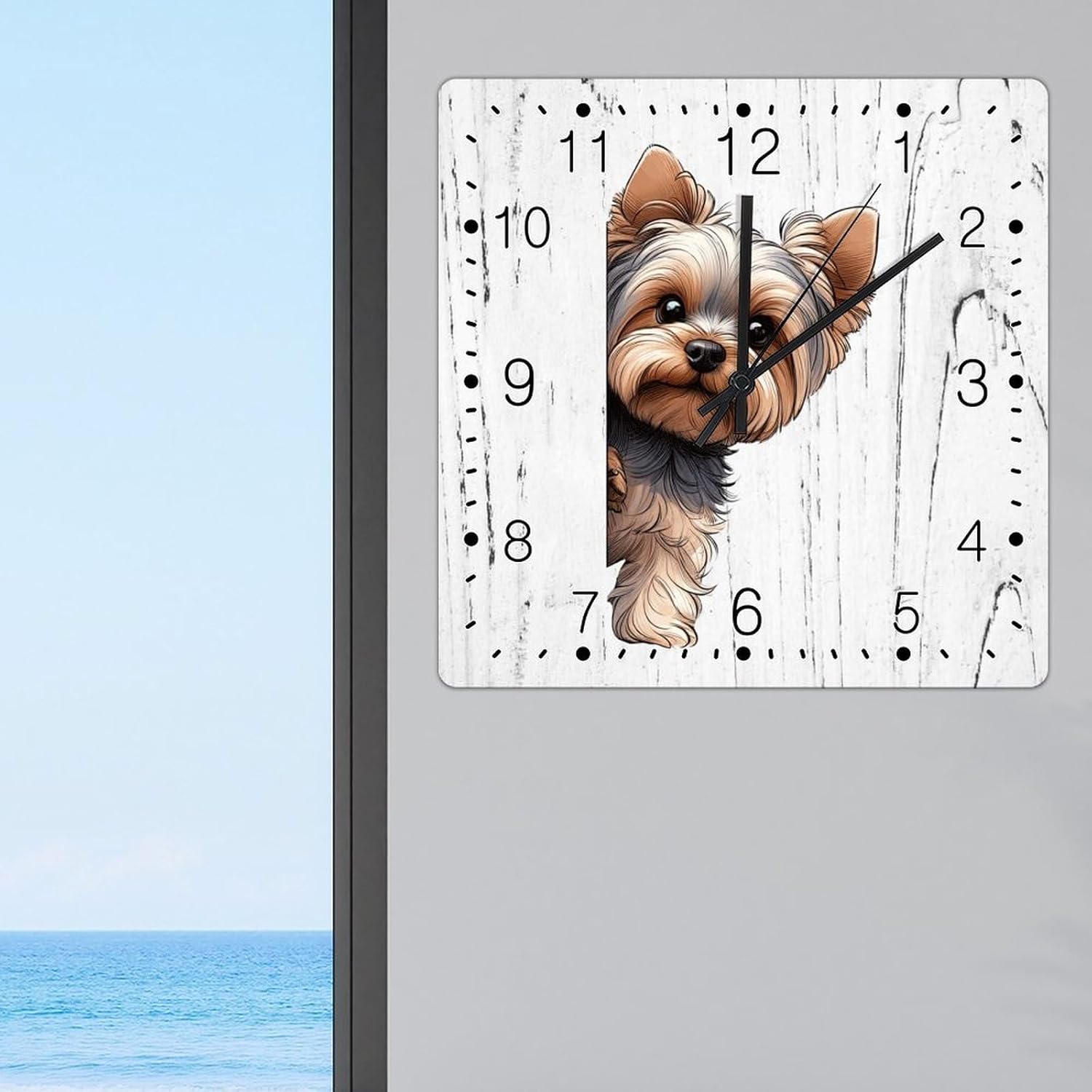 Yorkshire Terrier Clocks Yorkshire Terrier Dog Peeking ASquare Corner Hanging Wall Clock Dog Lover Gift Pet Square Wooden Decorative Clocks Non-Ticking Silent Wall Clock 15x15in