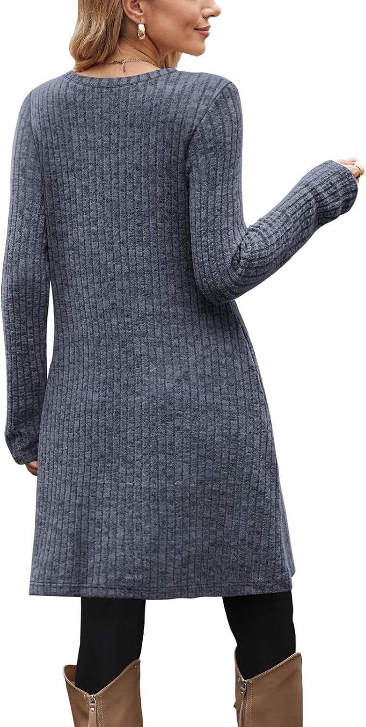 OFEEFAN Long Sleeve Winter Dress for Women Crewneck Dresses for Women 2025 Casual Blue L - Image 5