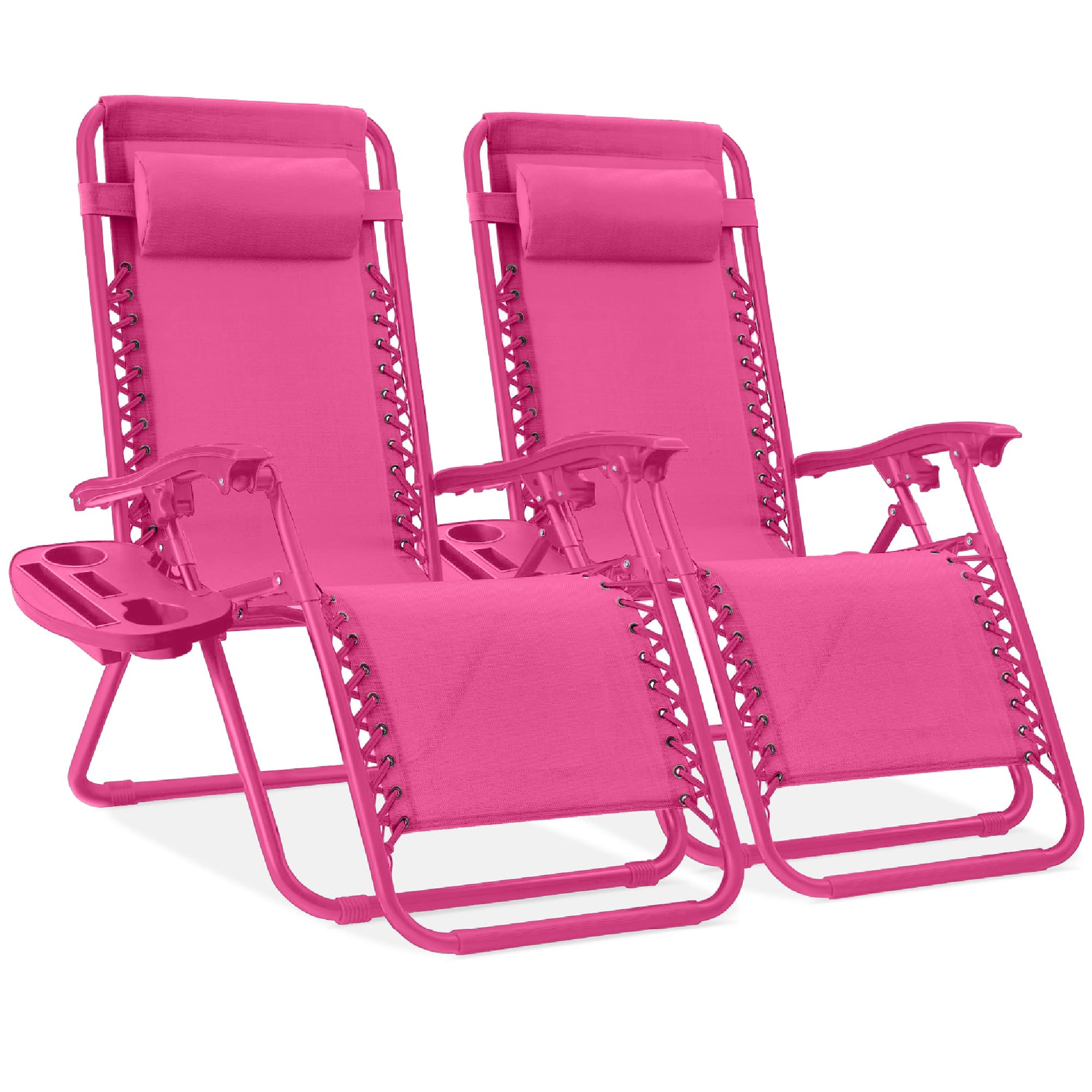 Best Choice Products Set of 2 Adjustable Steel Mesh Zero Gravity Lounge Chair Recliners w/Pillows and Cup Holder Trays - Hot Pink
