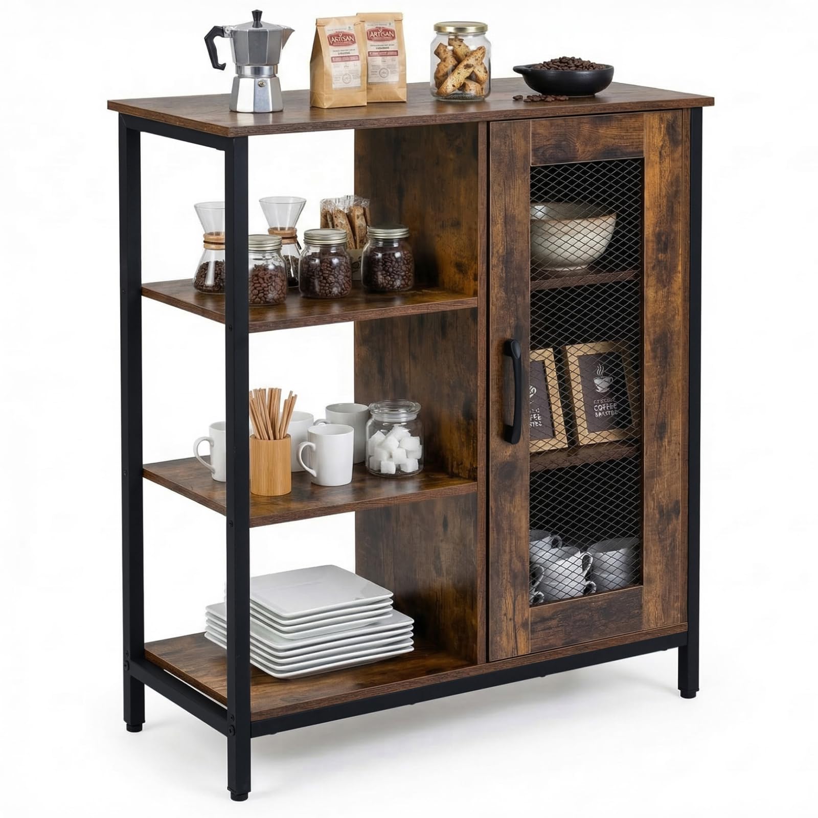 COSTWAY Industrial Storage Cabinet, Wooden Buffet Sideboard with Doors, Adjustable Shelves & 3 Open Shelves, Freestanding Display Organiser Cupboard for Home Kitchen (1 Wire Door, Brown, 70x30x81cm)