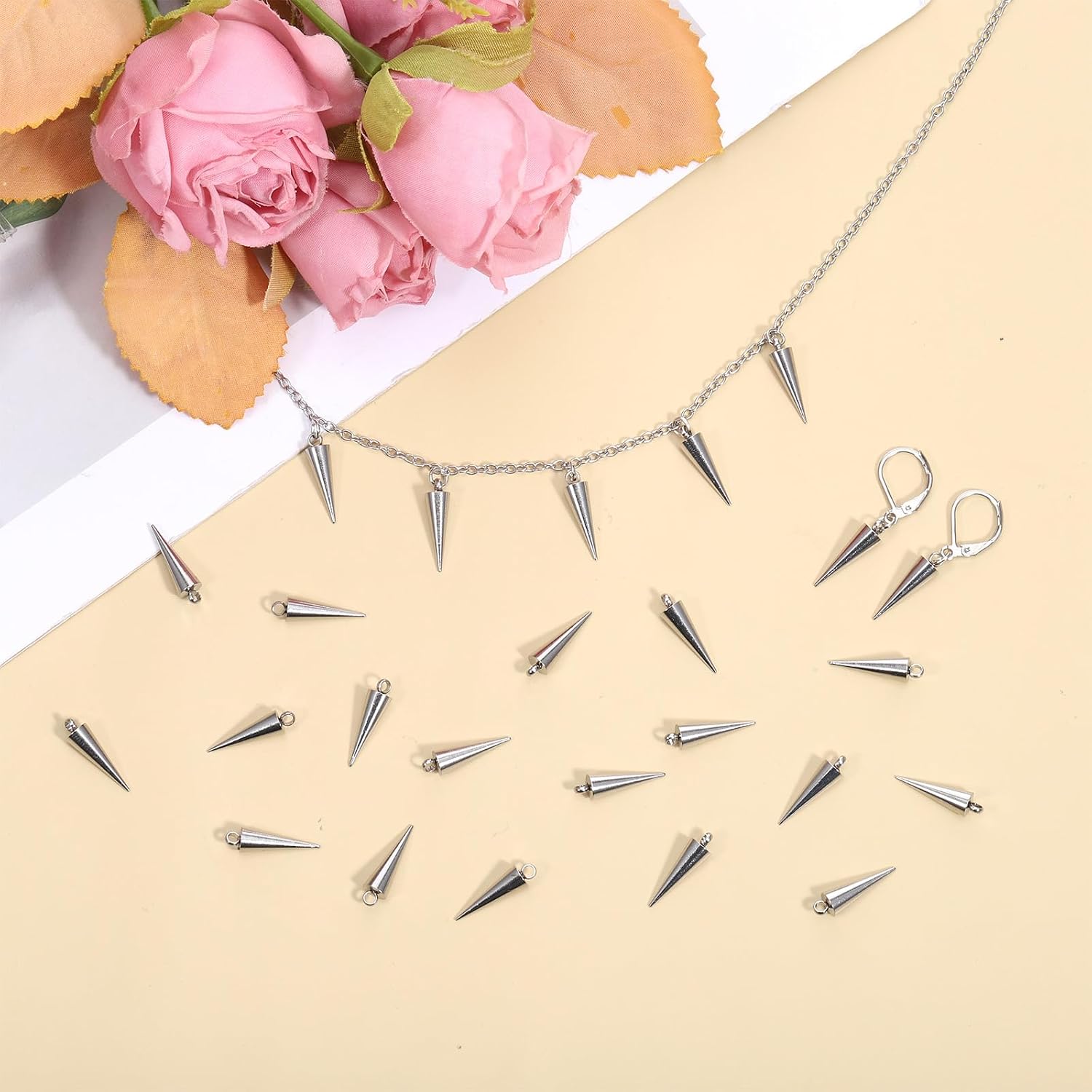 50 Pcs Stainless Steel Cone & Spike Charms Spike Beads Silver Cones Charm Cone Pendants Spikes Punk Style Dangle Earrings & Bracelet Charms for DIY Necklaces Bracelets Earring Making