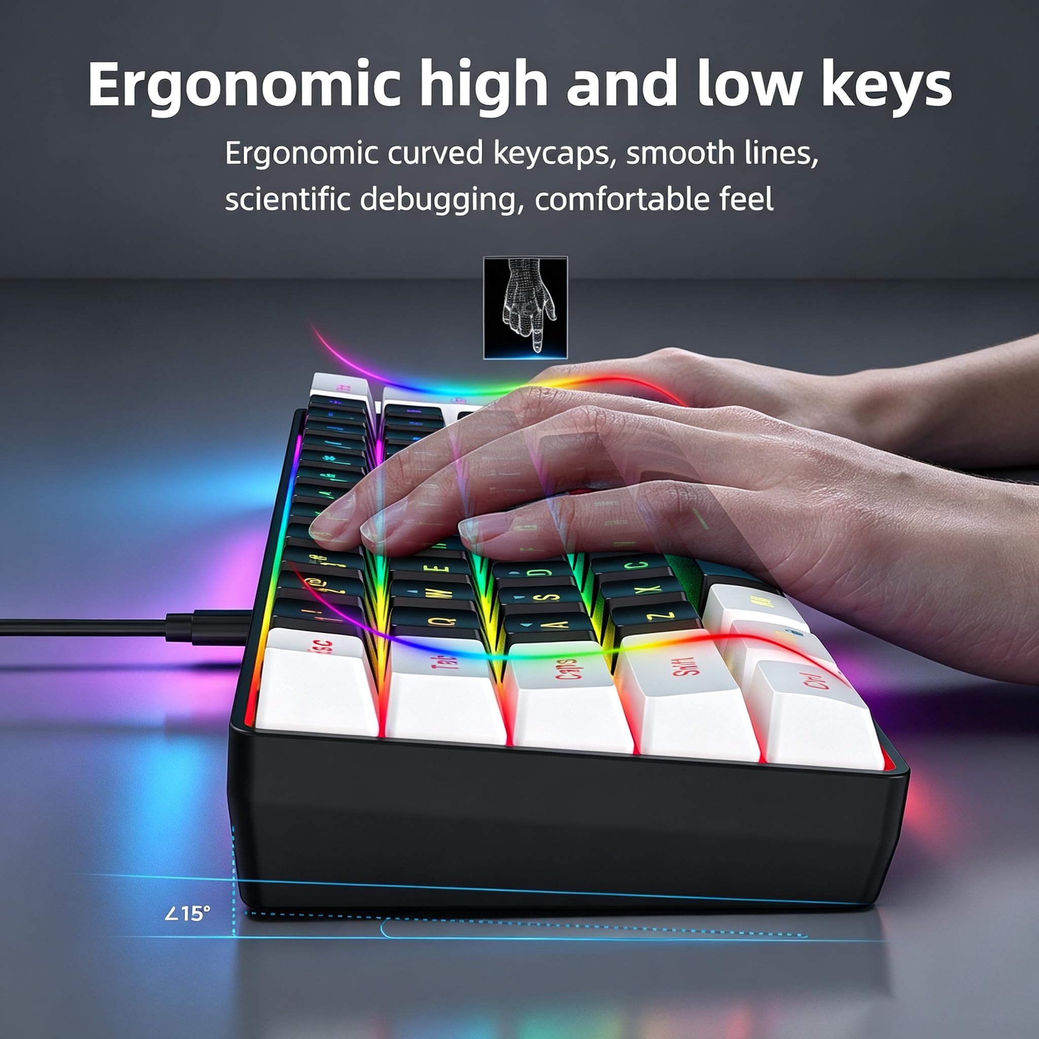 Snpurdiri Teclado para Juegos con Cable al 60%, Teclado para Juegos de Membrana retroiluminada RGB pequeño, Ultra Compacto, Mini Teclado Impermeable para PC, computadora, Jugador, Blanco y Negro | Teclado retroiluminado de membrana pequeña para juegos de
