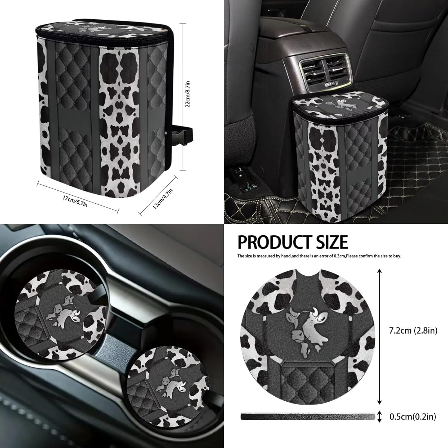 Suobstales Cow Print Car Seat Cover Interior Accessories Set of 13, Steering Wheel Covers, Car Trash Can, Seatbelt Cover, Coasters, Keychains, Rearview Mirror Cover Universal Fit Truck SUV Sedan
