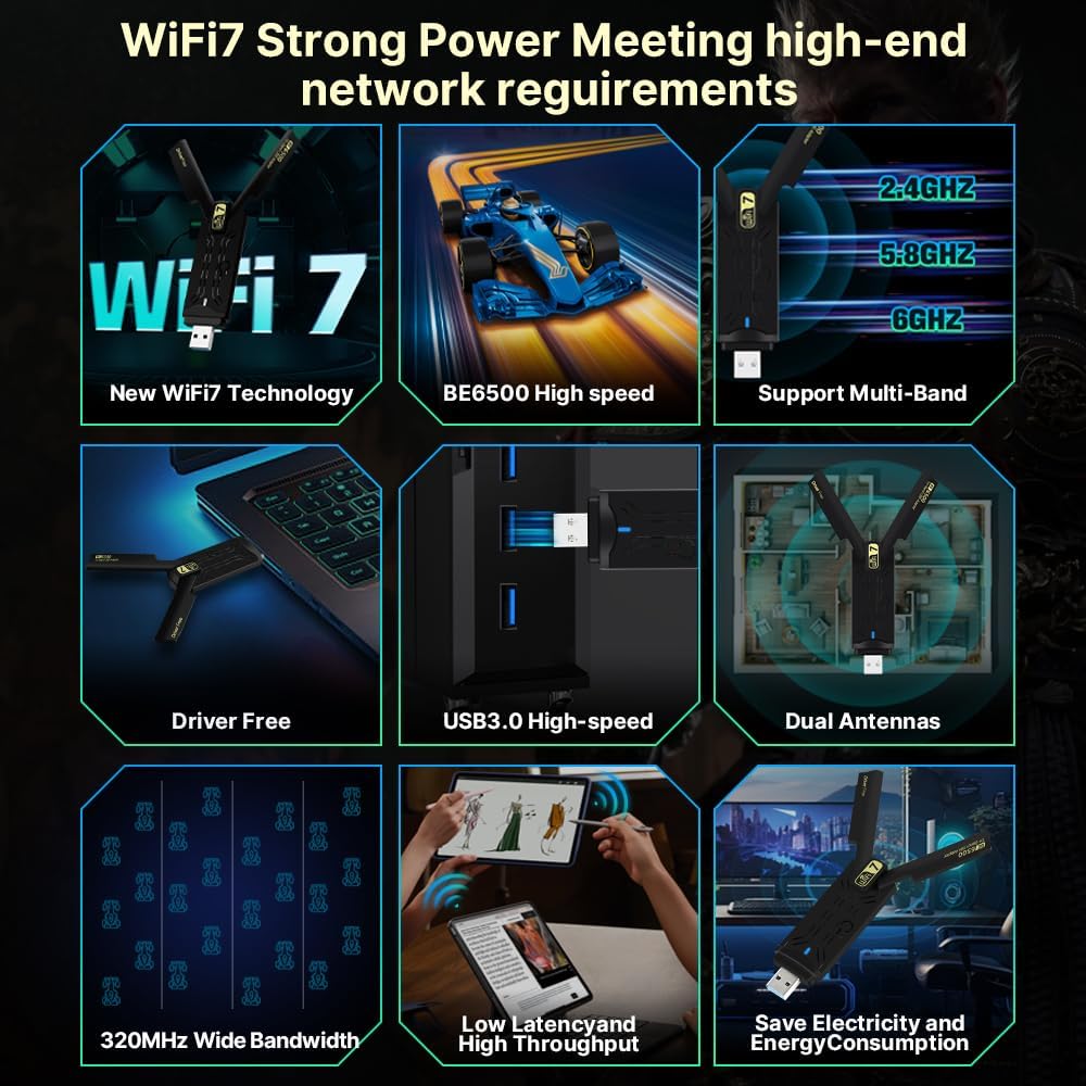USB 3.0 Gaming WiFi 7 Card Driver Free with 8912AU Chipset(BE6500) USB Wireless Adapter Tri-Band High Speed Network Card for Desktop & Laptop, 802.11ac/ax/be Compatible, Plug & Play for Windows 11/10