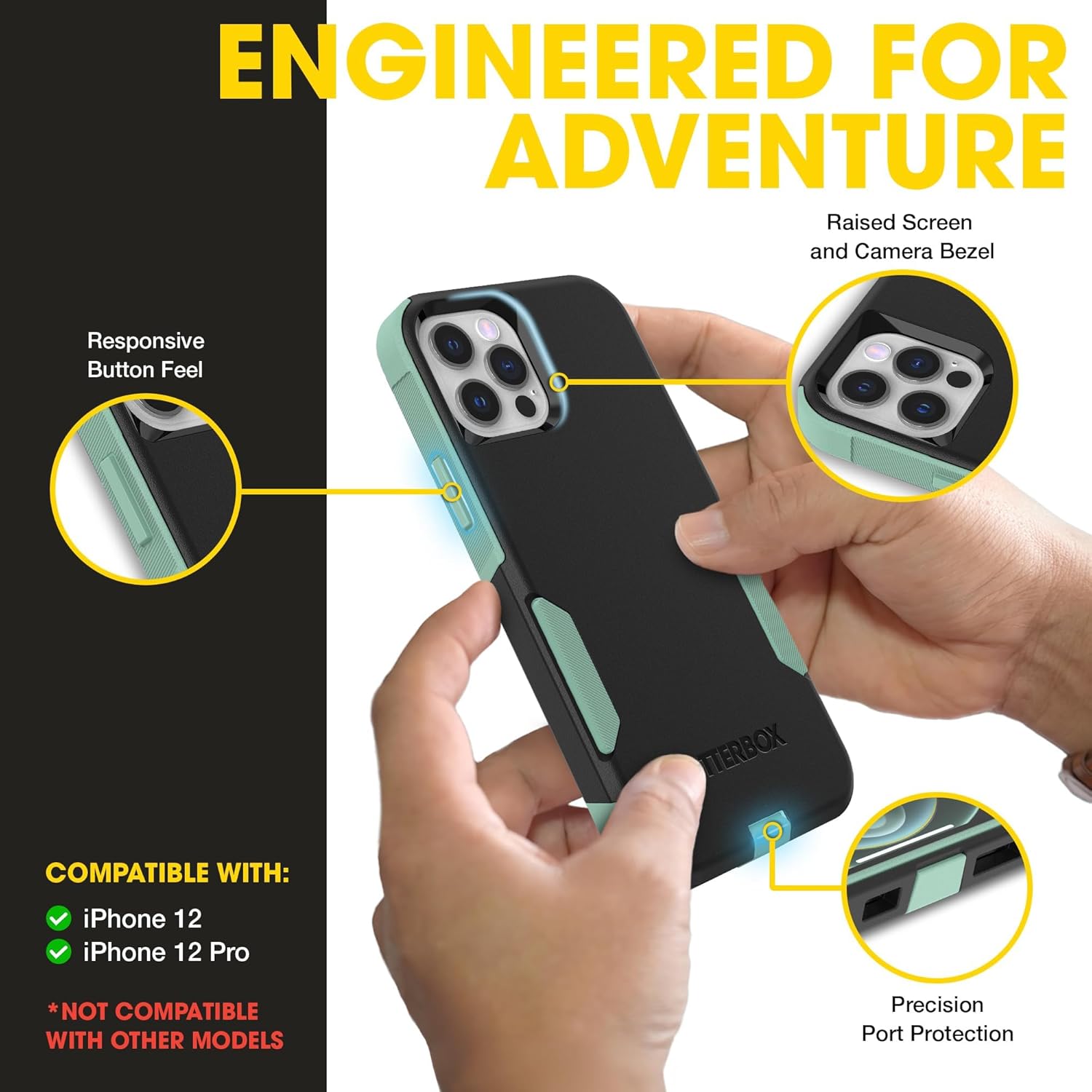 OtterBox iPhone 12 and iPhone 12 Pro (Only) – Commuter Series Case – Thin, Dual-Layer, Pocket-Friendly, Port Cover – Black/Teal