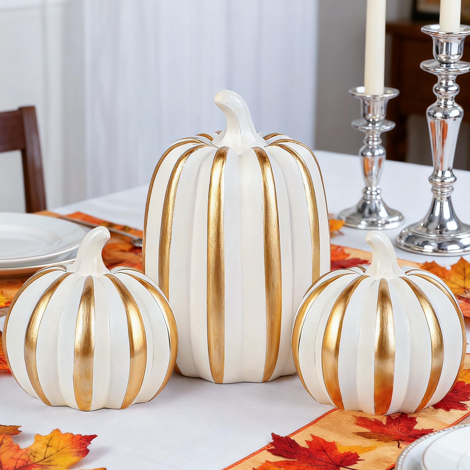 Fangoo 3Pièces Citrouilles Décoratives Résine Blanches Oro pour DéCoration De Table d'automne à L'IntéRieur Fausses Citrouilles Figurines Halloween RéColte Thanksgiving CheminéE DéCorations (Style 3)