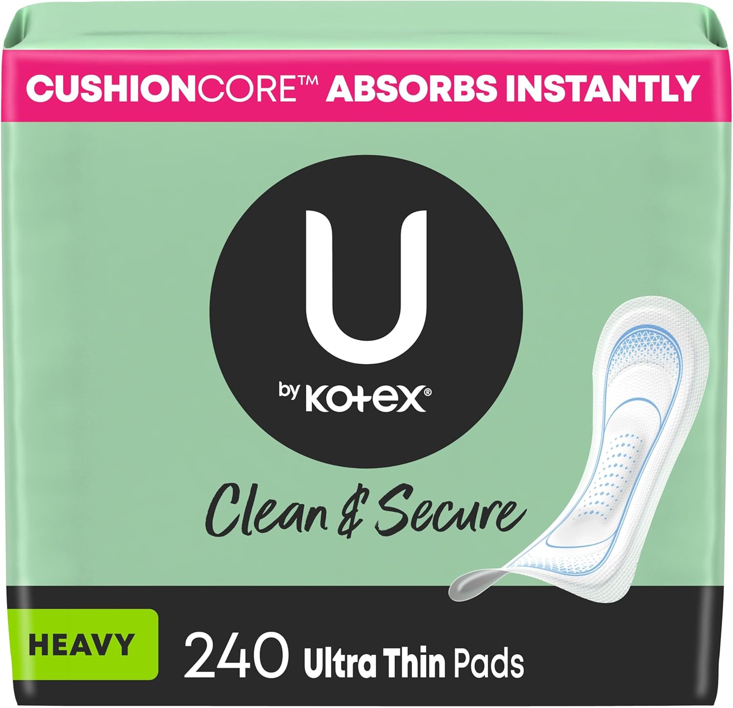 U by Kotex Clean & Secure Ultra Thin Pads, Heavy Absorbency, 240 Count (6 Packs of 40) (Packaging May Vary) Heavy Absorbency 240