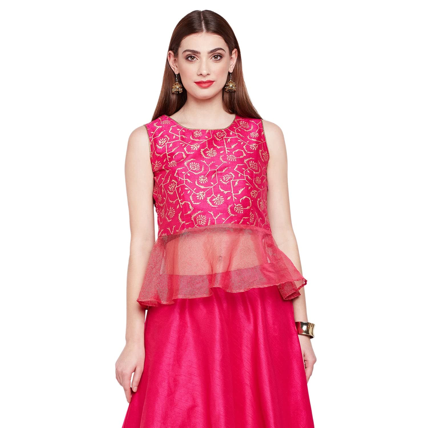 studio rasaPink Dupion and Kota Zari Hand Block Printed Peplum Top for Women Girls Festive Party Wedding Evening