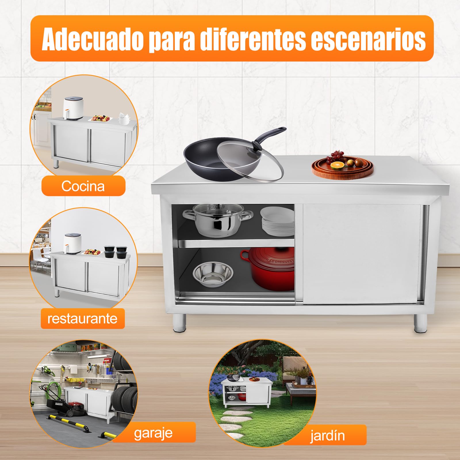 Armario de Trabajo con Puertas correderas, Mesa de Trabajo de Acero Inoxidable, para Cocina, Restaurante, Garaje, 120 x 50 x 86 cm