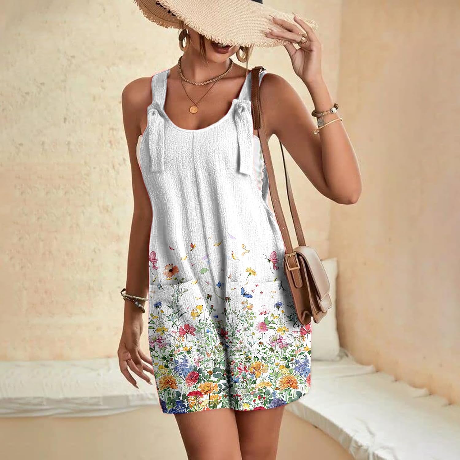 Overalls for Women Boho Floral Print Summer Casual Short Overalls Tie Knot Straps with Pockets