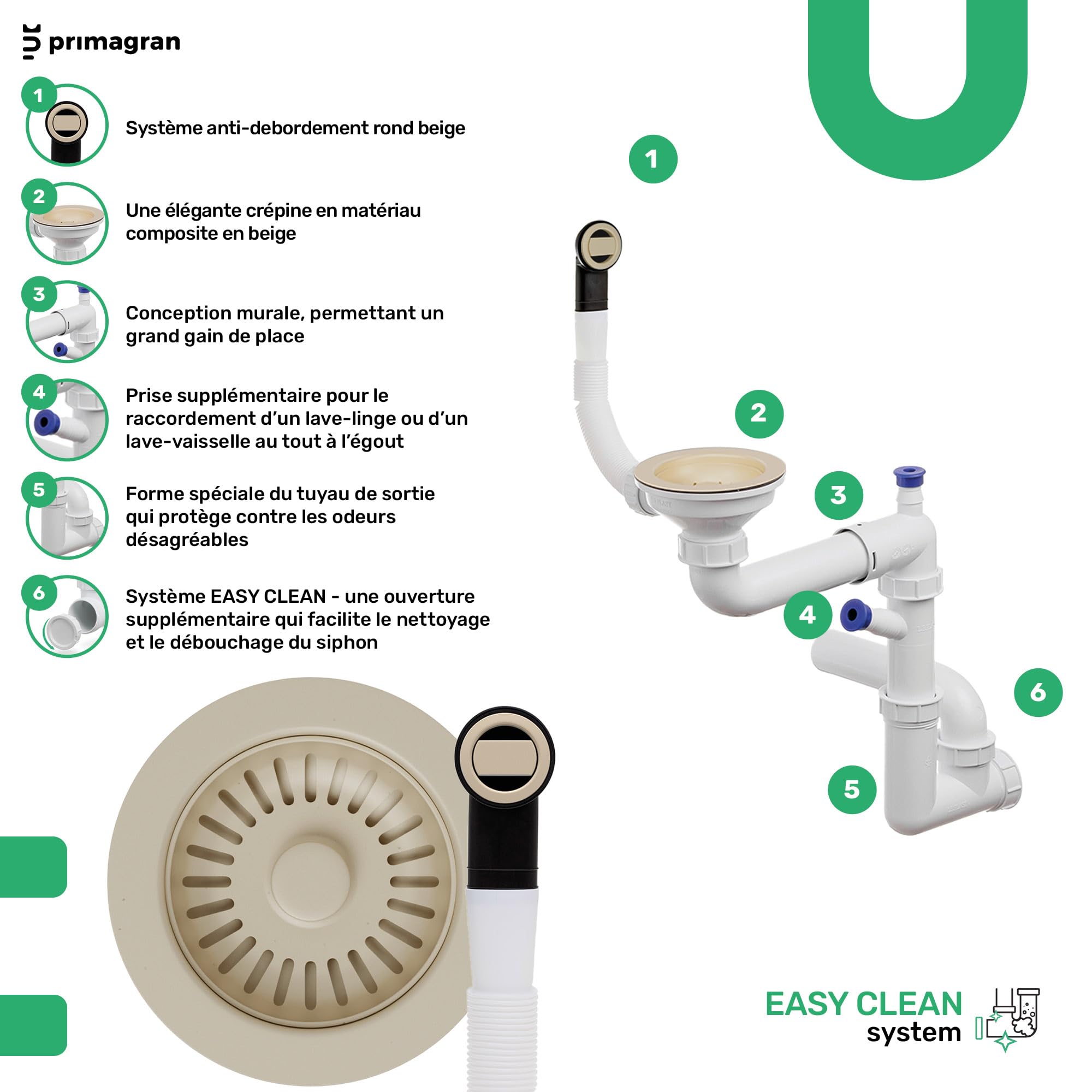PRIMAGRAN Evier Cuisine en Granit Tout Beige 78x50cm, Lavabo 1 bac + Robinet 40x20cm + Kit de Vidage, Évier à Encastrer au Meuble 80cm - Riga S420