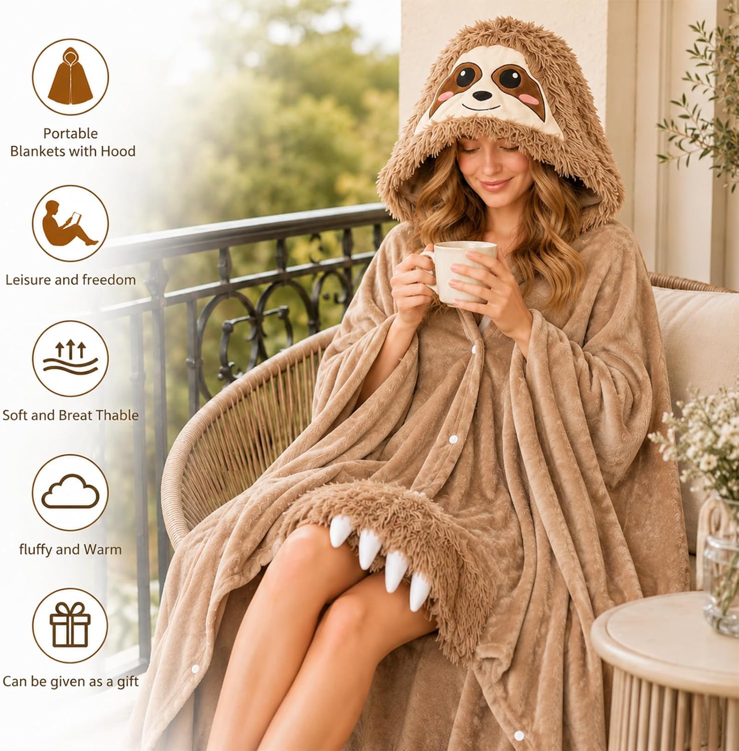 Emwwat Sloth Wearable Hooded Blanket for Aduts - Sloth Oversized Warm Flannel Blanketwith Sleeves Hoodie - Sloth Gifts for Women Adults image 5