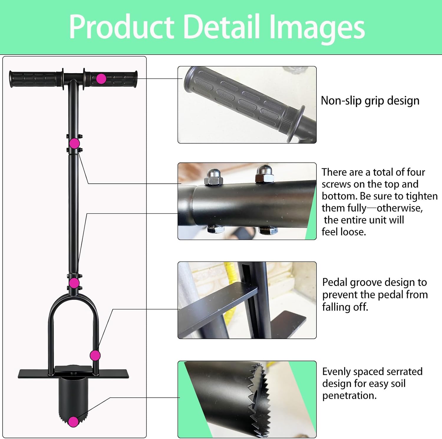 Sod Plugger Tool, Grass Plugger Tool for Lawn Planting Bulbs and Grass Repair,with Dual Pedals and Foot Ejector, Bulb Planter W/Sharp Serrations and Non-Slip Soft Grip Handle, Easy Assembly