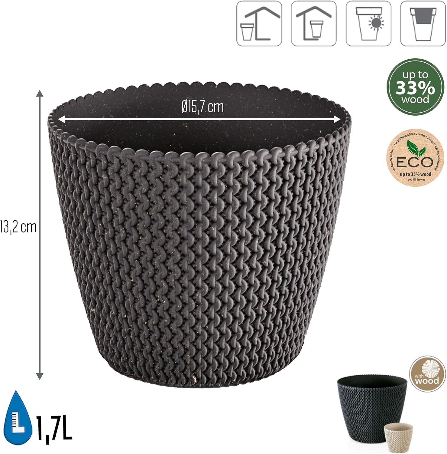 Prosperplast Eco Anthracite Plant Pot Without Tank. SPLOFY Eco Wood Collection, 15.7 cm x 15.7 cm x 13.2 cm, Capacity 1.7 L.