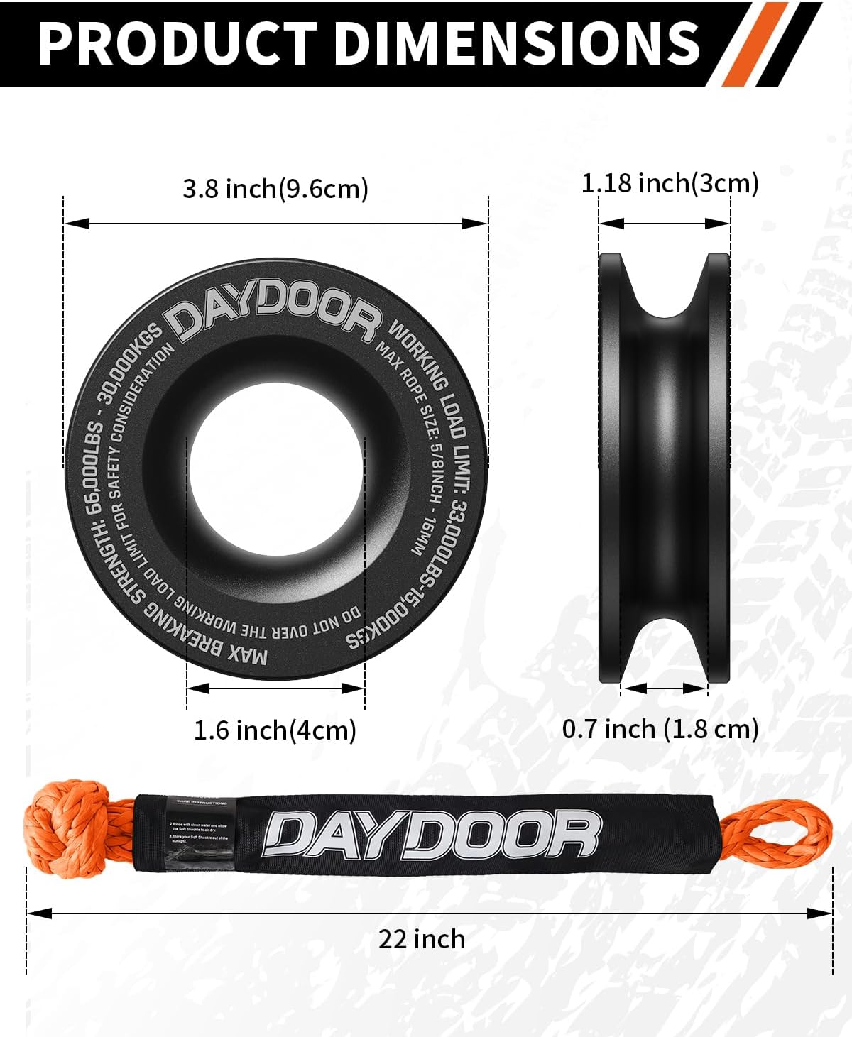 DAYDOOR 56,000 LBS Soft Shackle Recovery Kit, 1/2" x 22" (2-Pack) with 7075 Aluminum Snatch Ring, Winch Accessory for Jeep Wrangler, Bronco, 4Runner, Tacoma, ATV/UTV/Jeeps/SUVs, 4x4 Off-Road(Orange)