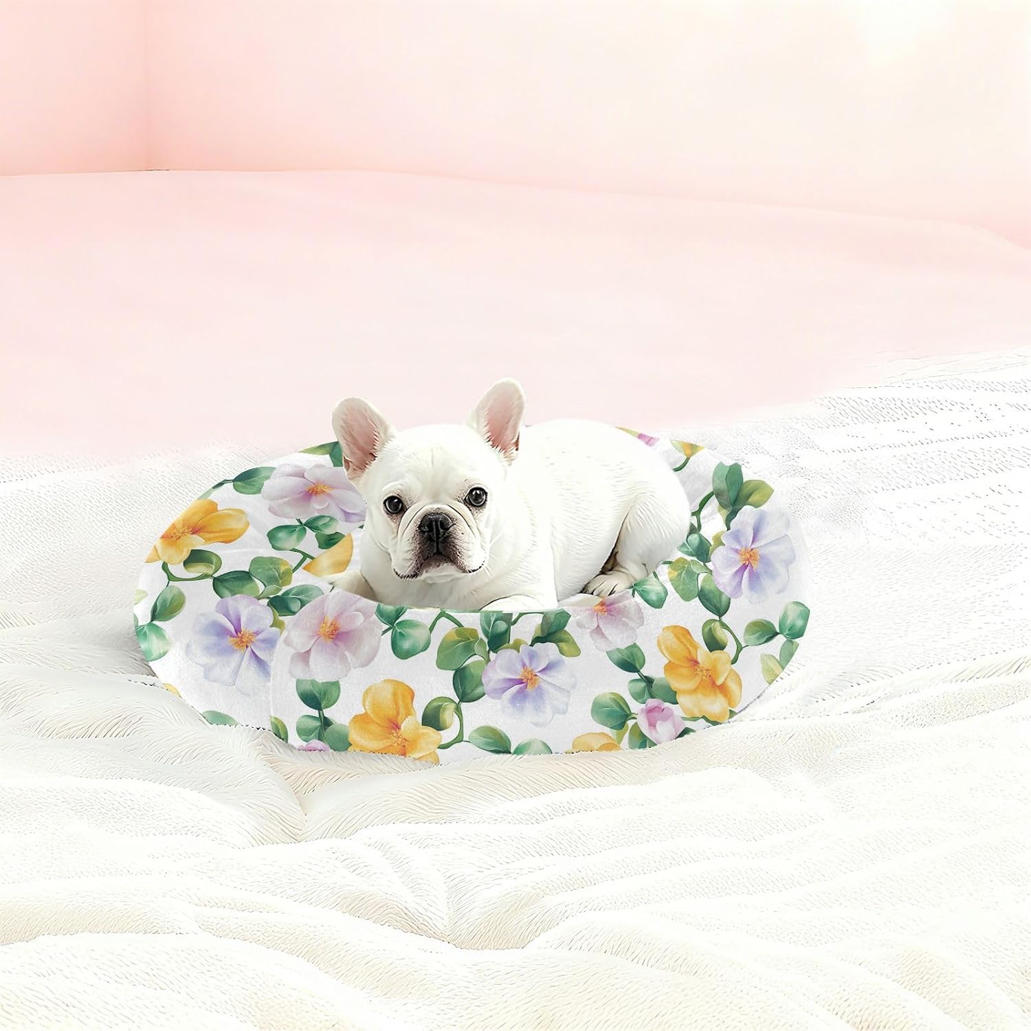 Pet Dog Bed Donut Cuddler Fluffy Dog Pillow Bed for Small Size Pets Supplies M Beauty Portulaca Grandiflora White