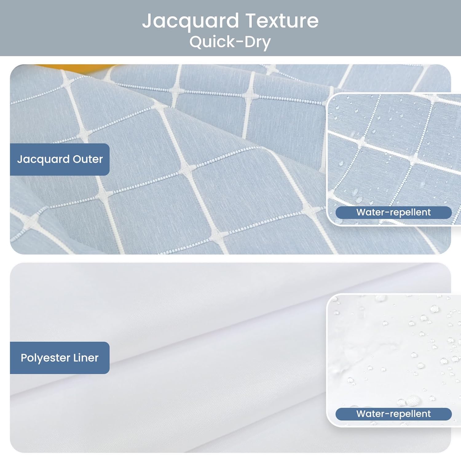 Calm Horizon Series No Hook Shower Curtain, Jacquard with Snap-In Liner, 4 Magnets & Side Suction Cups, Water-Repellent Bath Curtain Spa Hotel with Window (Blue, 72"W x 80"L(Pack of 1))