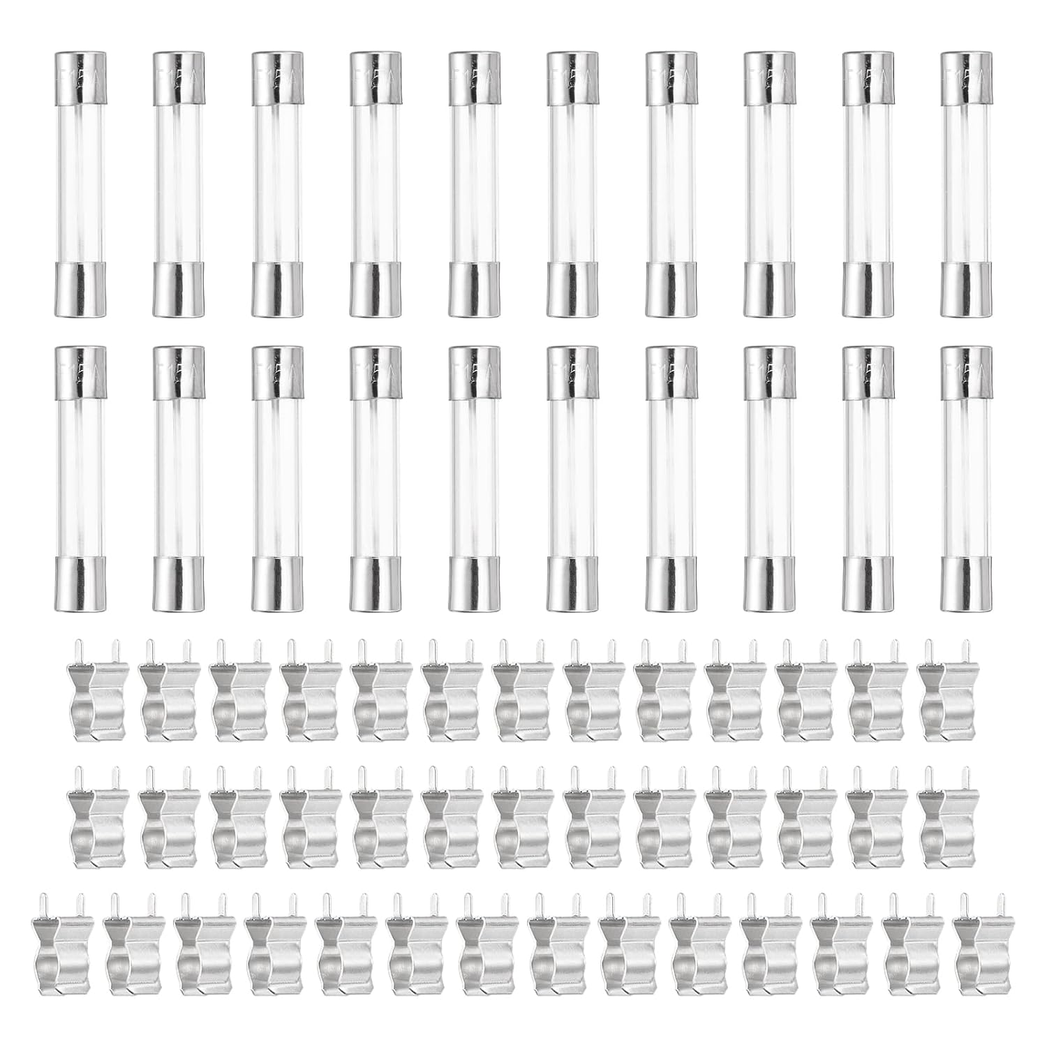 MECCANIXITY Glass Tube Fuses, 6x30mm 15A 250V Quick Fast Blow Glass Cartridge Tube Fuse with 50pcs Safety Clip for Replacing or Repairing Many Home Electronics(Pack of 25)