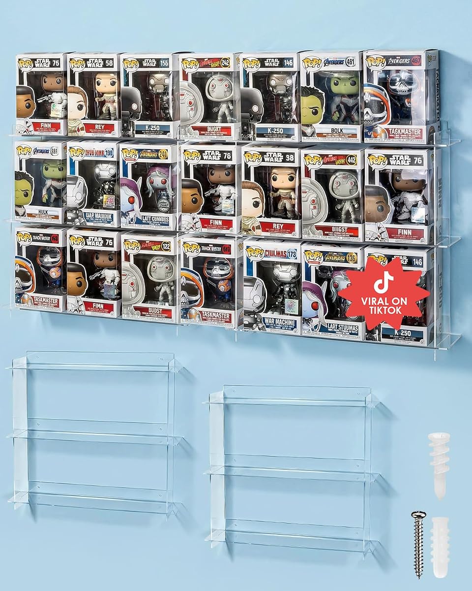 Acrylic Floating Display Shelves 2-Pk Compatible with 21 Funko Pops in Box | Easy Installation with Only 4-6 Screws Per Shelf; Stackable Clear Tiered Design for Action Figures & Collectibles