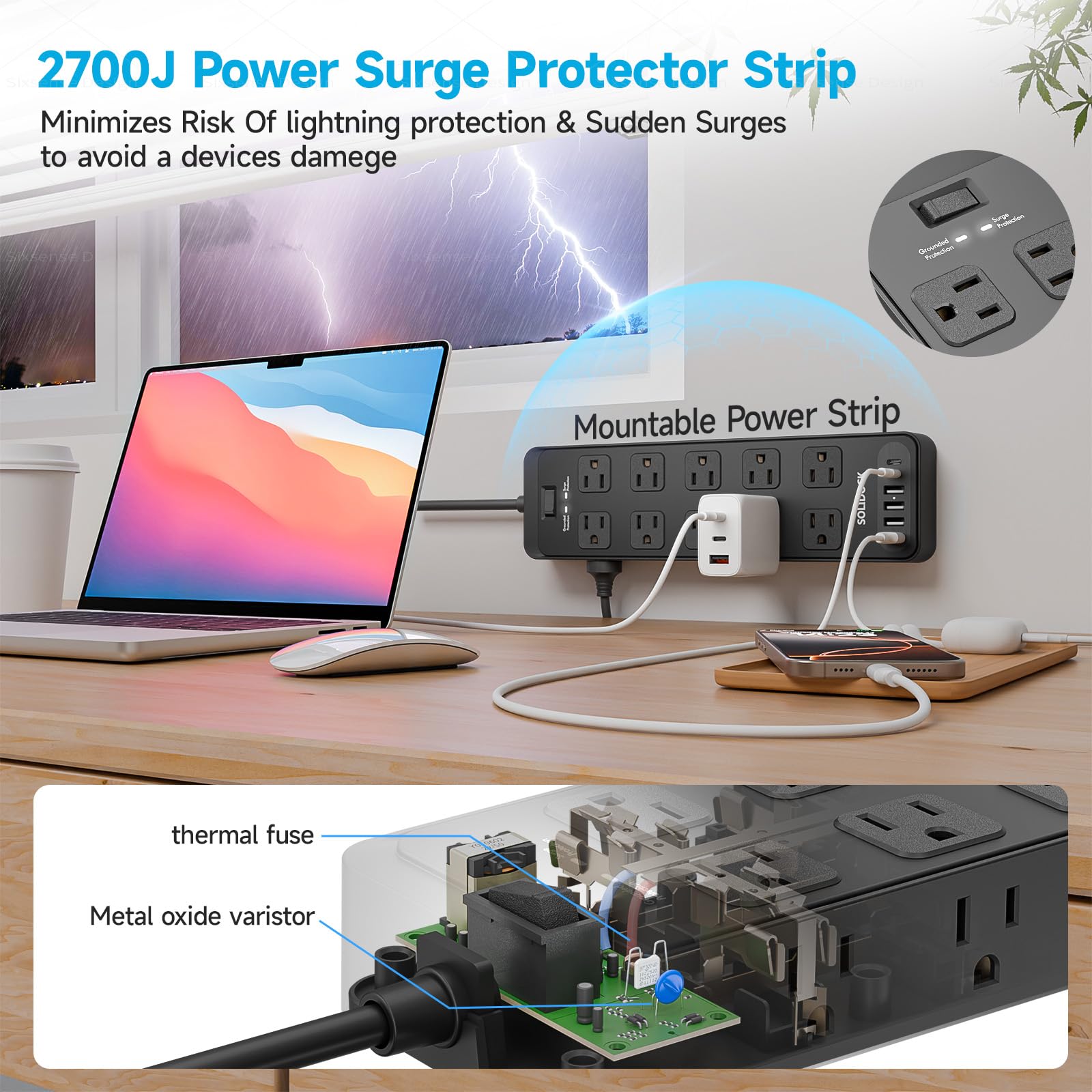 Ciabatta con protezione contro le sovratensioni per spina piatta con 20 prese AC, 6 porte USB, 1875W/15A, 2700J, cavo di prolunga resistente da 4,6 m per la casa