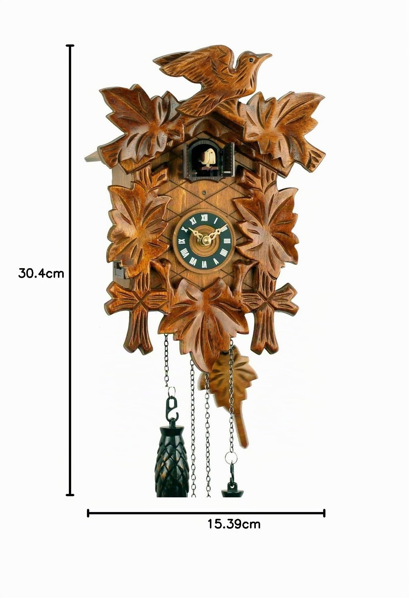 Orologio a cucù al quarzo, in vero legno, funzionamento a batteria, con carillon musicale, motivo con 5 foglie, 30 cm