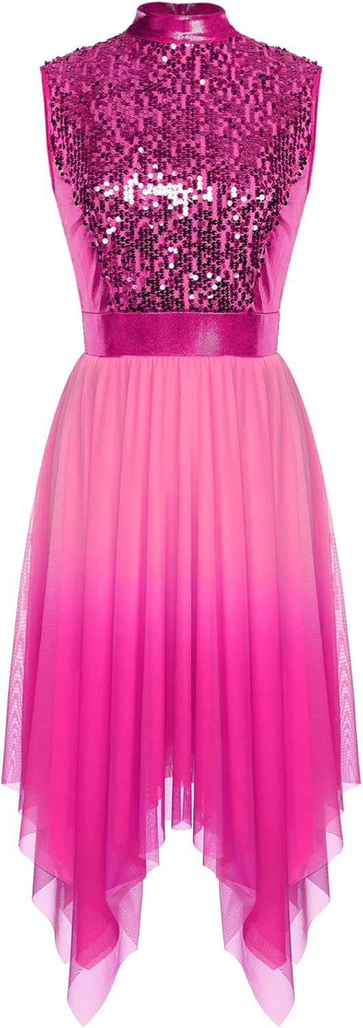 Women's Sequined Liturgical Worship Praise Dance Dresses Gradient Mesh Irregular Church Worship Tunic