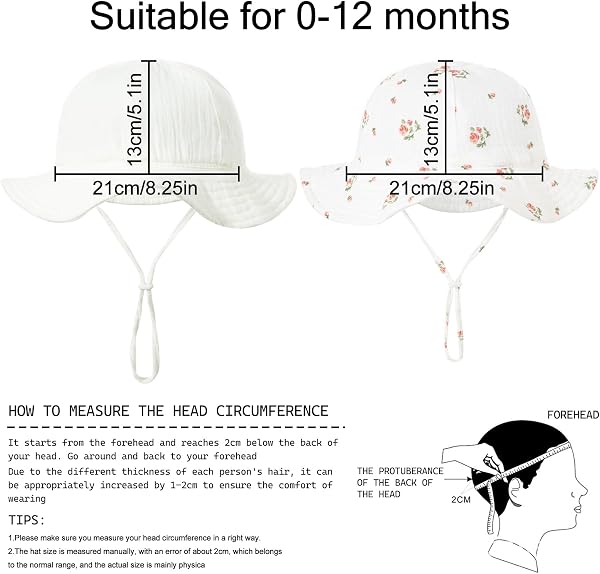 HTTDSLF 2 Pcs Chapeau Soleil Bébé Fille, Fille Coton Chapeaux de SoleilAjustable Naissance Bonnet UV Enfant Casquette Coton Casual Plage Vacances 0 à 2 Ans, Blanc et Fleuri - 2