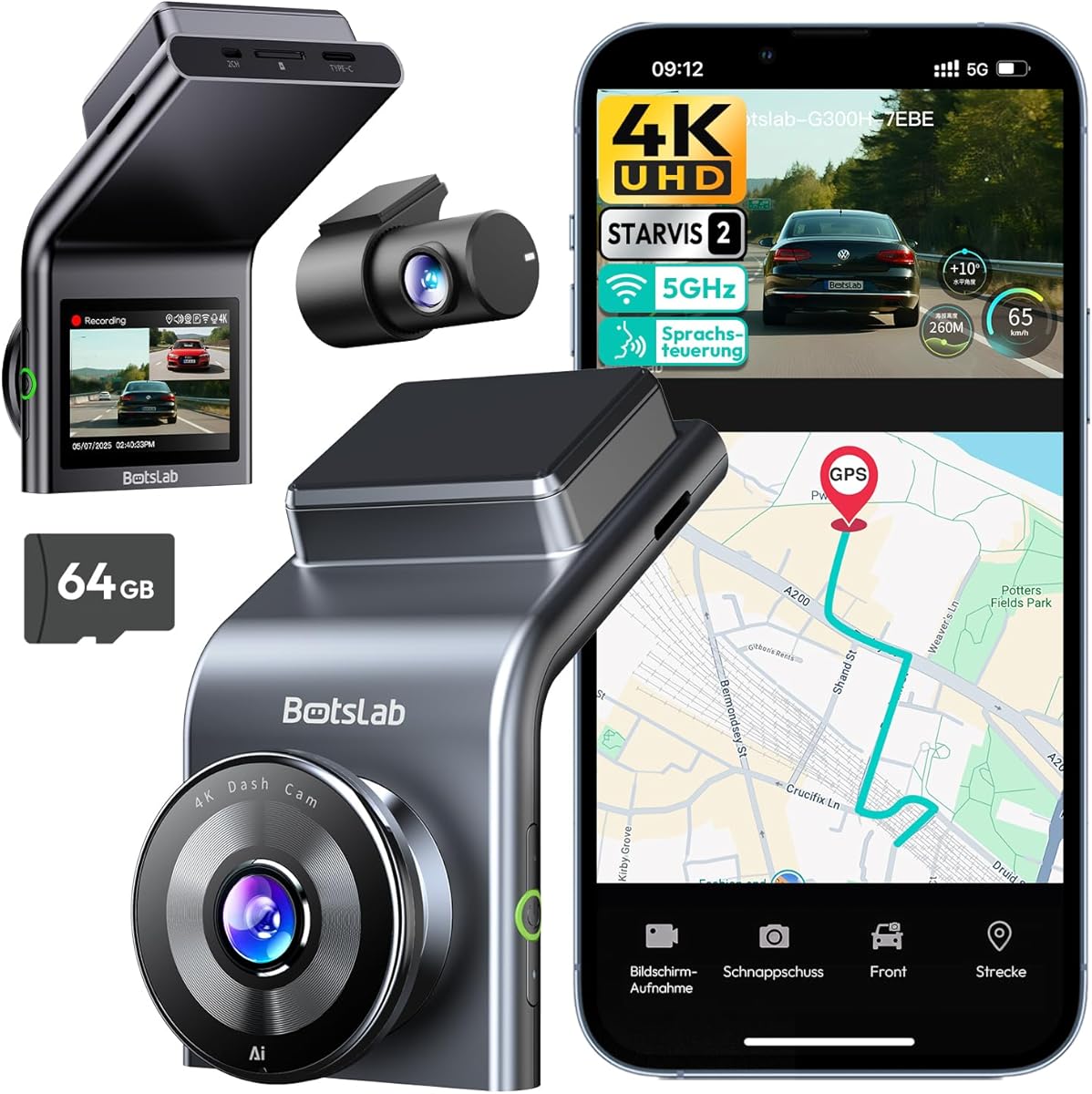 BOTSLAB 4K Dashcam Auto Vorne Hinten mit STARVIS 2 Sensor, WDR Dual-Kanal Dash Cam mit 64GB SD-Karte, Sprachsteurung & 5GHz Wi-Fi, WLAN Autokamera, GPS, Super Nachtsicht, bis zu 256GB
