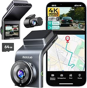 BOTSLAB 4K Dashcam Auto Vorne Hinten mit STARVIS 2 Sensor, WDR Dual-Kanal Dash Cam mit 64GB SD-Karte, Sprachsteurung & 5GHz Wi-Fi, WLAN Autokamera, GPS, Super Nachtsicht, bis zu 256GB