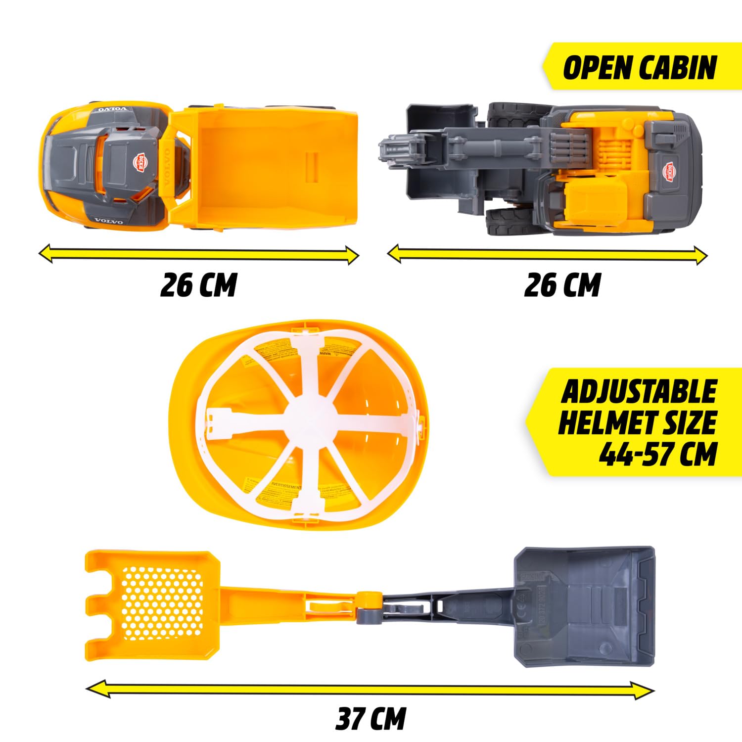 Dickie Toys - Volvo zestaw budowlany Construction (5-częściowy) – duża koparka do zabawek i wywrotka (po 26 cm) z kaskiem, szuflą i sitkiem do grabienia, zabawka do samochodu i piasku dla dzieci od 3