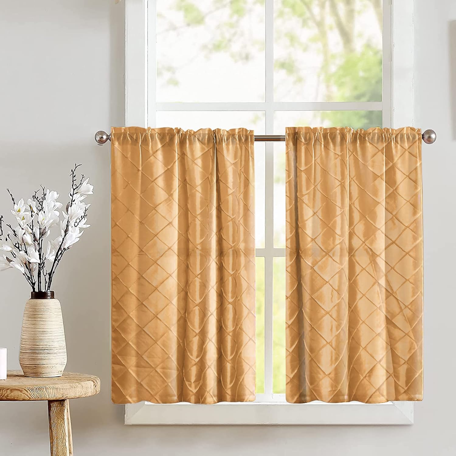 Zen Creative Designs Pintuck Taffeta Tier Window Valance 2 Piece Set Home Décor Bedroom Nursery Kitchen Window (Gold)