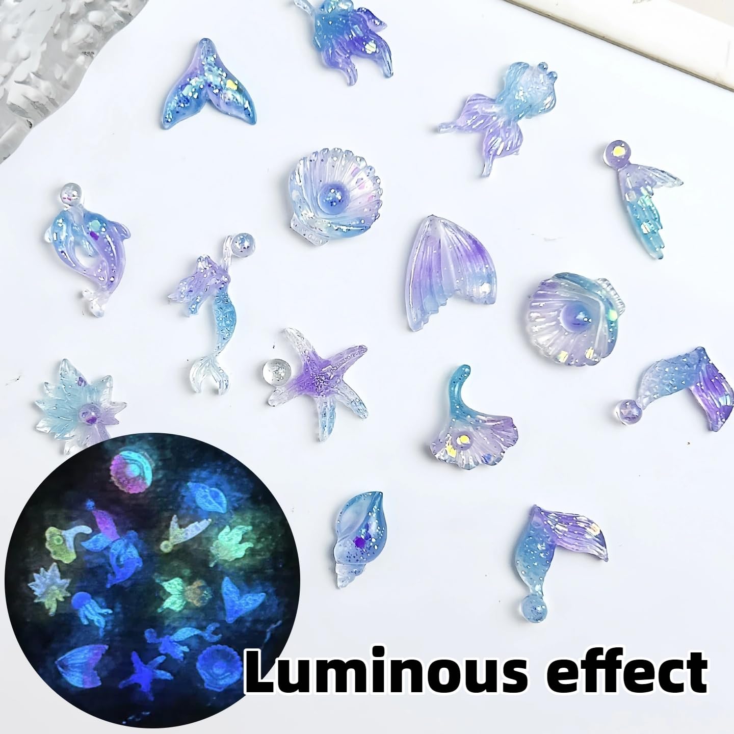 100Pcs Ocean Theme Nails Charms Mermaid Jellyfish Seashell Starfish Nail Rhinestones Glow in The Dark Nail Designs Cute Summer Nail Gems Nail Jewelry Seaweed Shells Nail Art Charms for Women Nail Art
