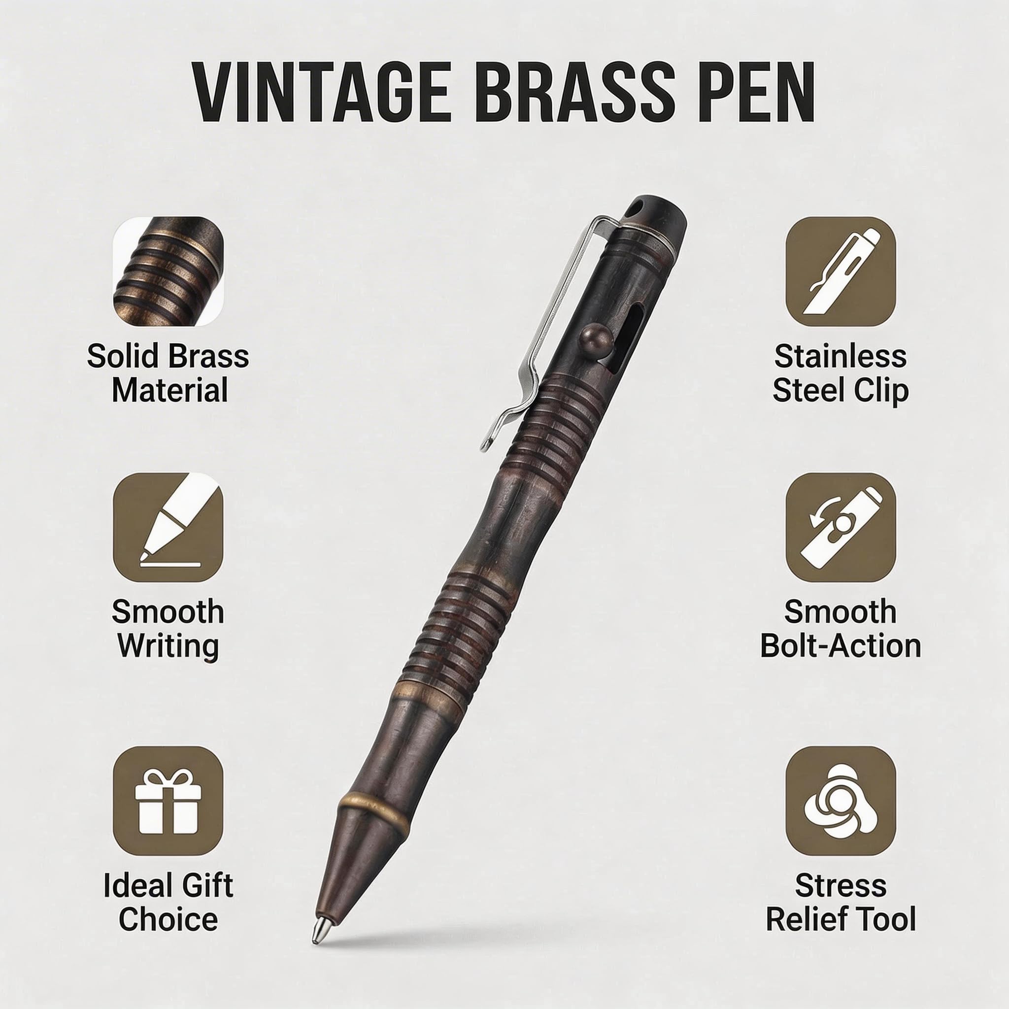 SMOOTHERPRO Massiver Messing Kugelschreiber | Bolt Action Metall Stift Kugelschreiber Edelstahlclip | für Tremor Parkinson Arthritis Hände | Business Büro EDC Unterschrift | Farbe Bronze (BB202)