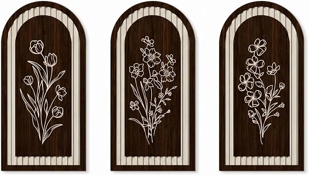 BRTNUP 3PCS Boho Wall Art Set,Black Flowers Wooden Wall Art,Boho Home Decor