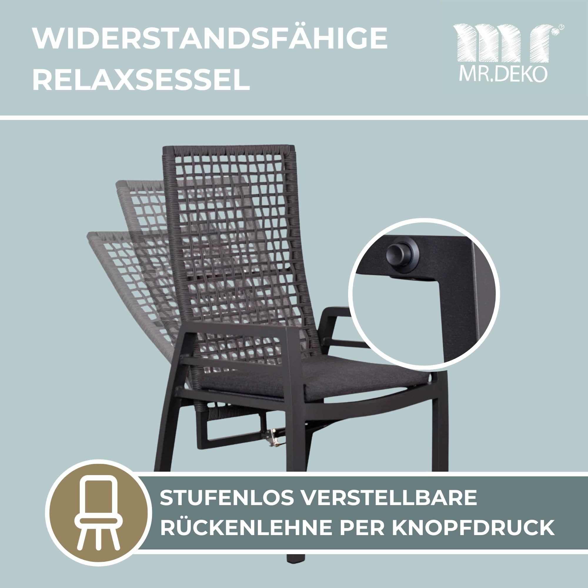 MR. DEKO Lucena fotel relaksacyjny z aluminium/tekstylenem, w zestawie poduszka do siedzenia, antracytowa rama aluminiowa i odporna na rozerwanie lina i tkanina tekstylna, oparcie regulowane sprężyną