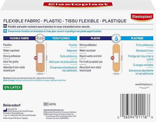Miniatura 2 de ELASTOPLAST Paquete variado de vendajes adhesivos de tela y plástico (80 tiras), vendaje flexible y resistente al agua con adherencia completa,