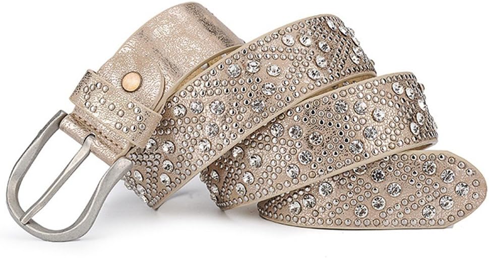 Women's Gold Retro PU And Cow Composite Rhinestone Studded Rivets Belt (Gold)