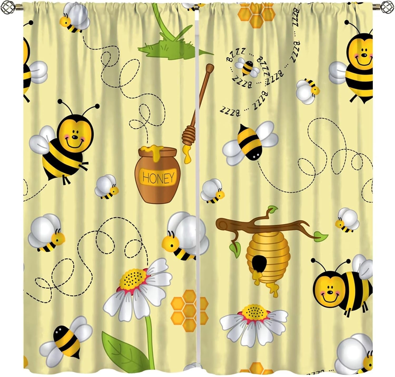 Honey Bee Curtains, Fluttering Bees Daisy Honey Pollen Spring Animal Print,for Living Room Kitchen Cafe Window Drapes Set 2 Panels,42x45 Inches