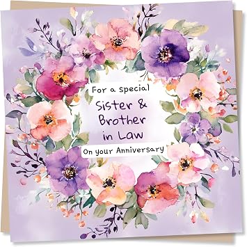 Nokular Anniversary Greeting Card Floral Wreath Design for Sister and Brother in Law Blank Inside 135 x 135 mm Made in UK With Envelope