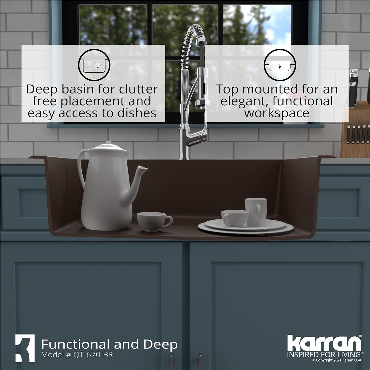 Karran QT-670 Drop-In/Top Mount 33" Single Bowl Granite Quartz Composite Kitchen Sink in Brown Right Side Drain, Extra Deep 9" Basin, Heat & Scratch Resistant, Sound Dampening