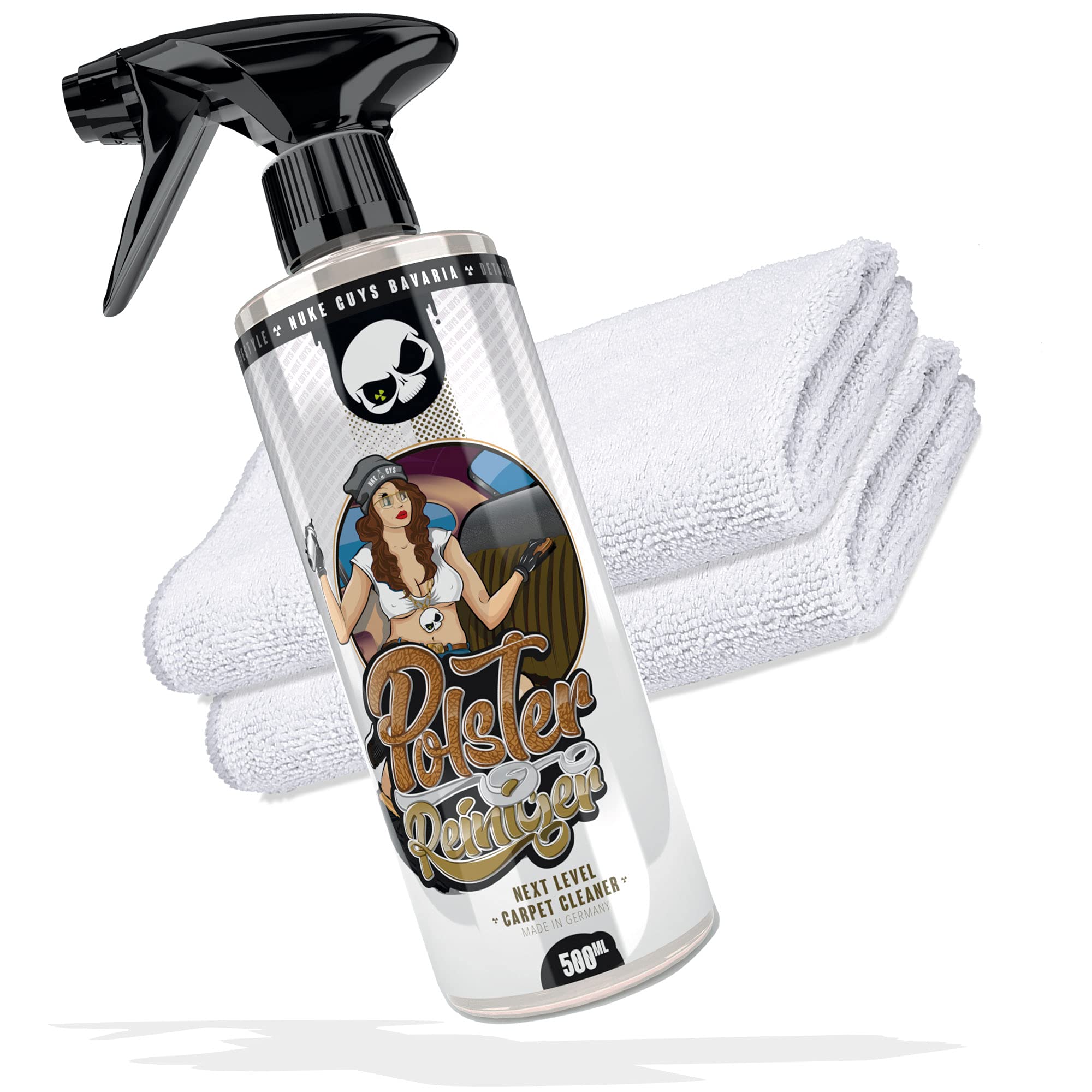 Nuke Guys Leder- und Polsterreinigungs Set- Polsterreiniger 500 ml + 2X Mikrofasertuch- ideal für Autositze, Polster, Leder, Teppiche, Stoffsitze