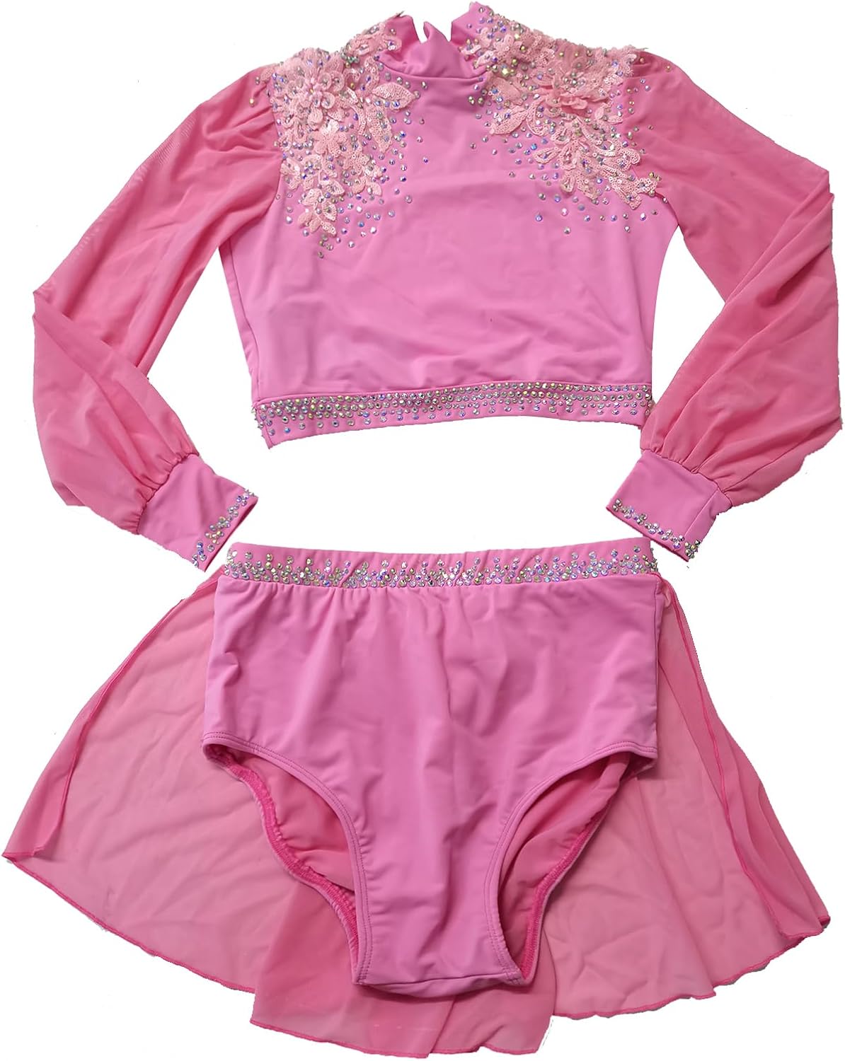 Girl Pink Long Sleeve Lyrical Dance Dress Shiny Professional Customized Competition Costume