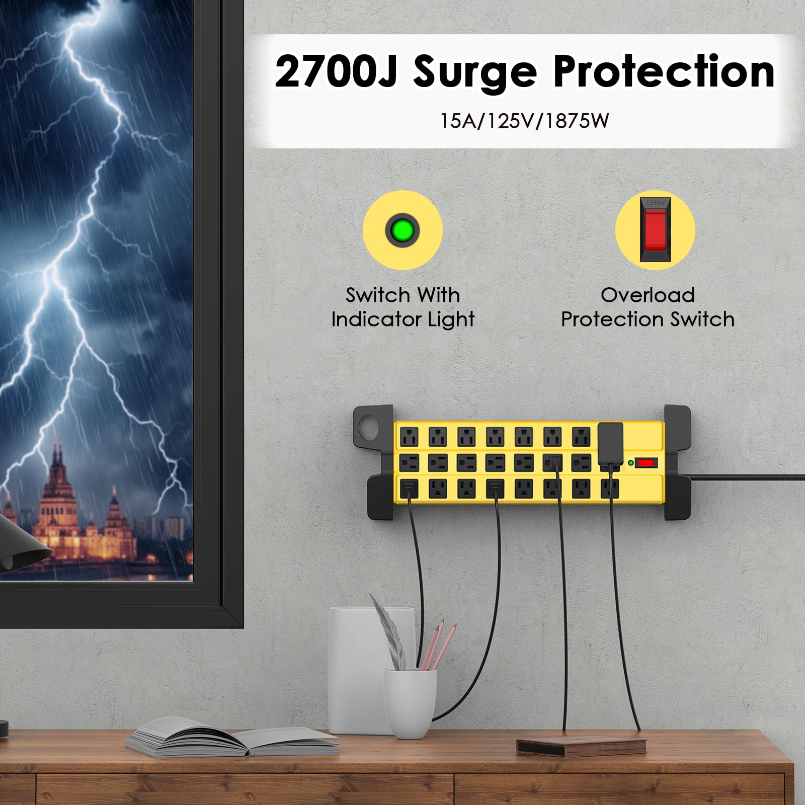 HHSOET - Tira de alimentación resistente con protección contra sobretensiones, metal comercial industrial, 24 tomacorrientes, montaje en pared para cochera, 15 amperios, interruptor, cable de