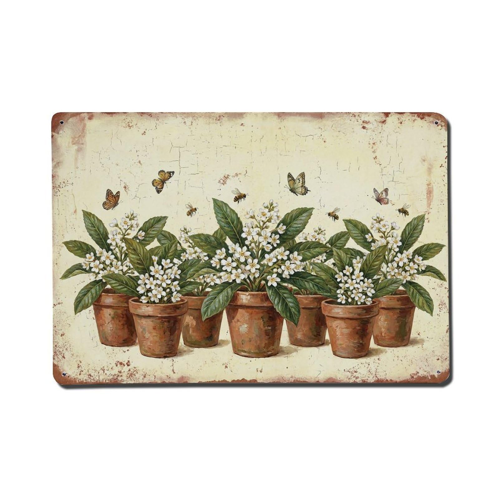 Vintage Rustic Flower Potted Plants Loquat Metal Tin Sign