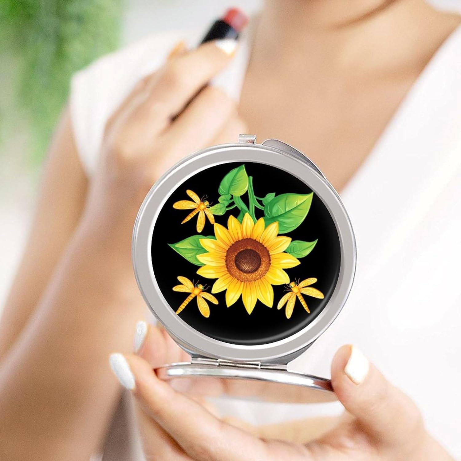 Dragonfly Sunflower Compact Makeup Mirror Mini Foldable Cosmetic Mirror Portable Travel Mirror for Purse Pocket