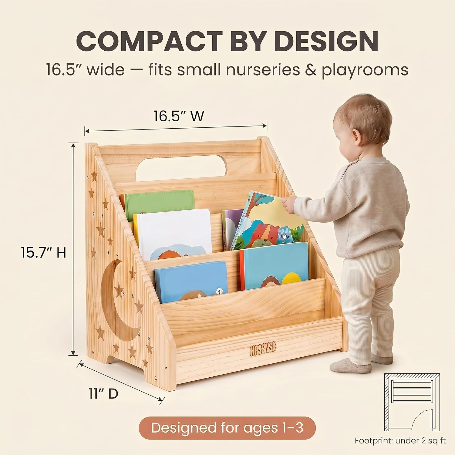 Montessori Bookshelf for Kids 16.5″ Wide, Natural Wood Front Facing Bookcase, Toddler Book Organizer for Nursery and Playroom, Children’s Reading Display Shelf Ages 1-3