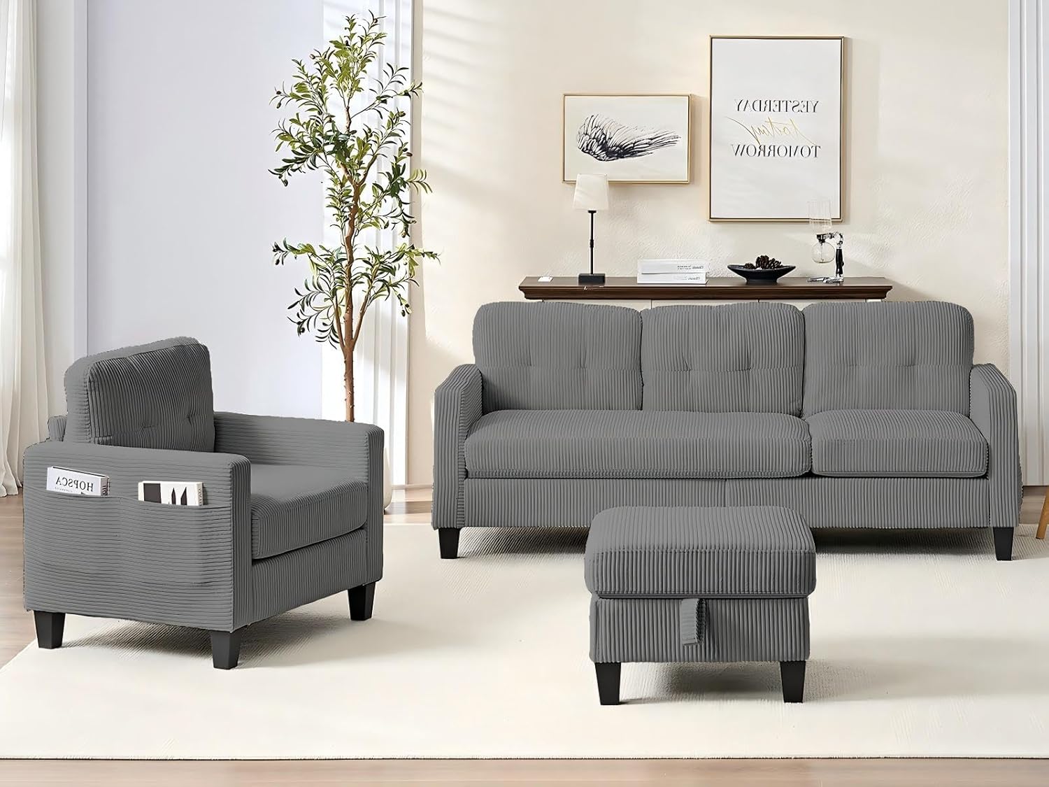 Mjkone 2 Pieces Living Room Furniture Set, Corduroy Sectioanl Sofa Set with Storage Ottoman, L Shaped Sofa with Loveseat, Convertible Couches with Side Pockets for Living Room Apartment Office, White